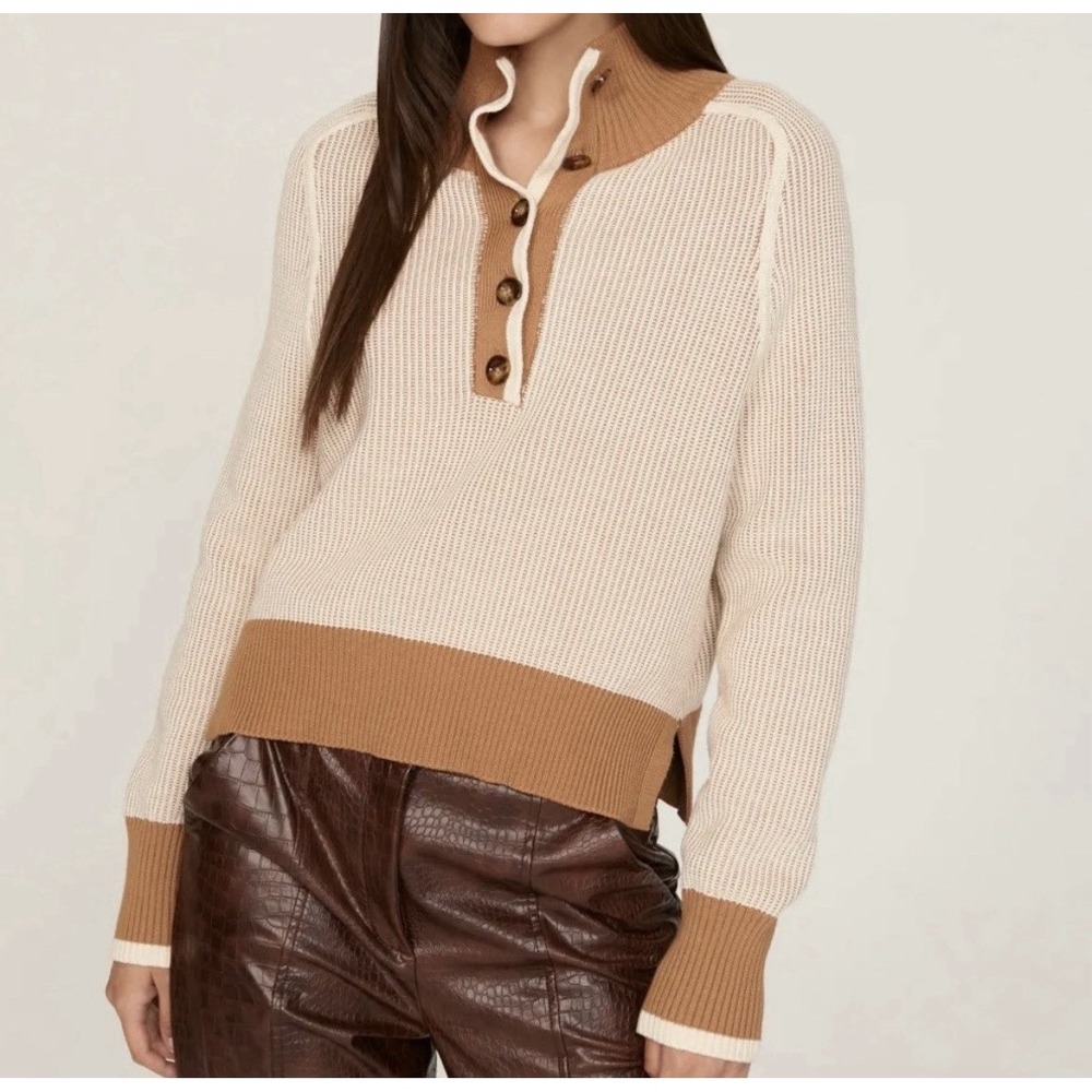 Veronica Beard Toraja Sweater 100% Cotton Brown 1/4 Button 100% Cotton Designer